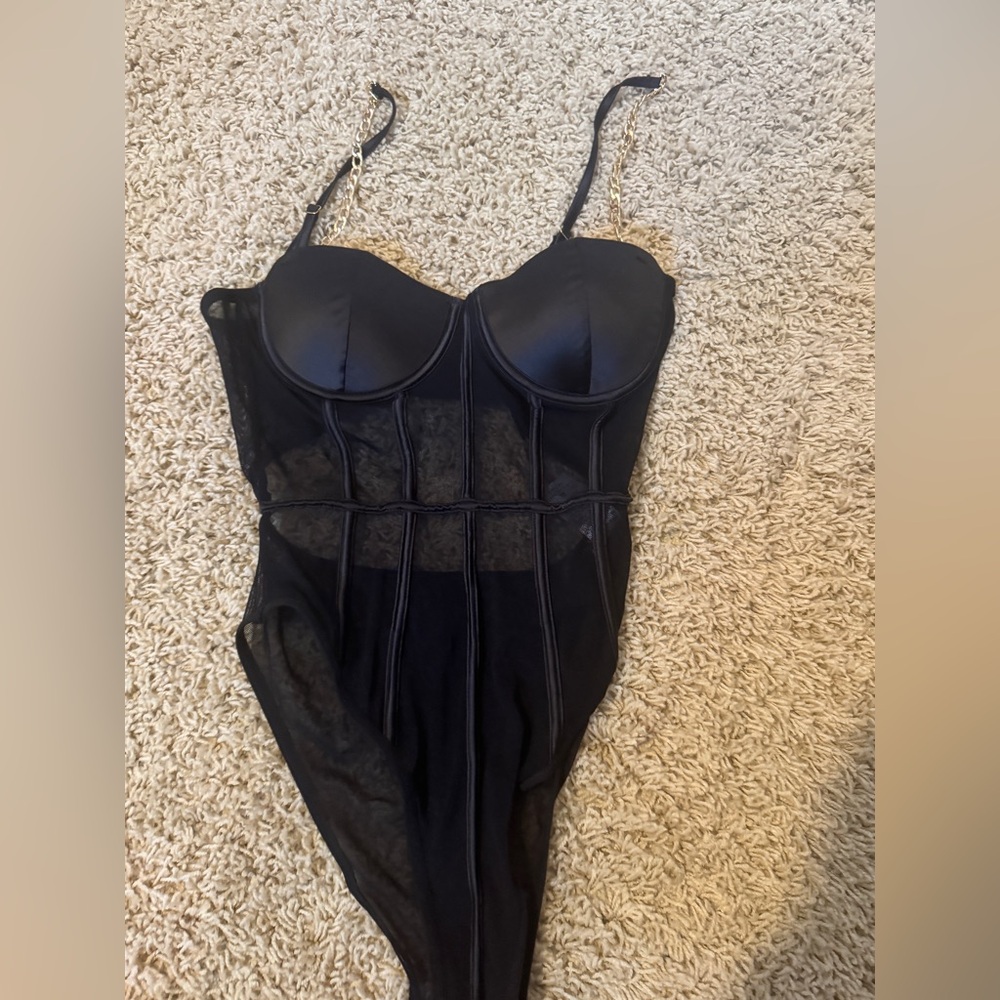 Black Sheer Bodysuit with Gold Chain Straps